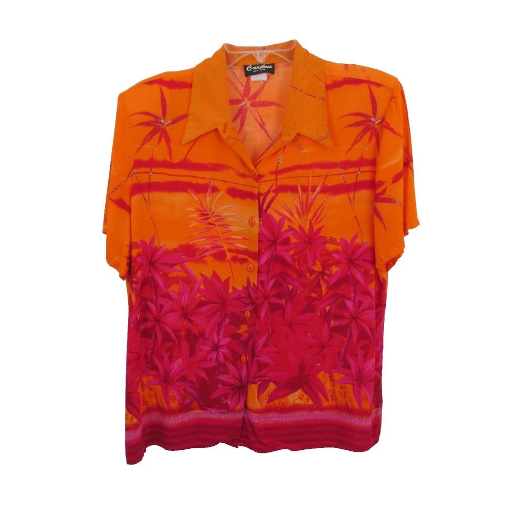 VTG Caribou New York Orange Tropical Button Up Blouse Womens XL 5049 Rayon Beach